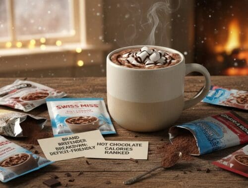 Delicious hot chocolate topped with marshmallows on a rustic wooden table with cozy fireplace background, surrounded by various hot chocolate mix packets for a comforting winter treat.
