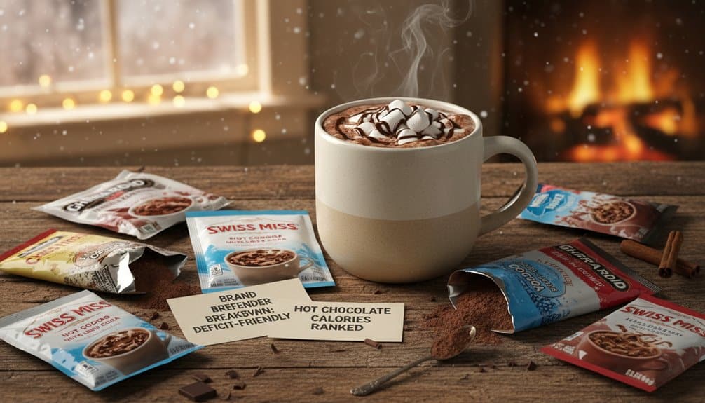 Delicious hot chocolate topped with marshmallows on a rustic wooden table with cozy fireplace background, surrounded by various hot chocolate mix packets for a comforting winter treat.