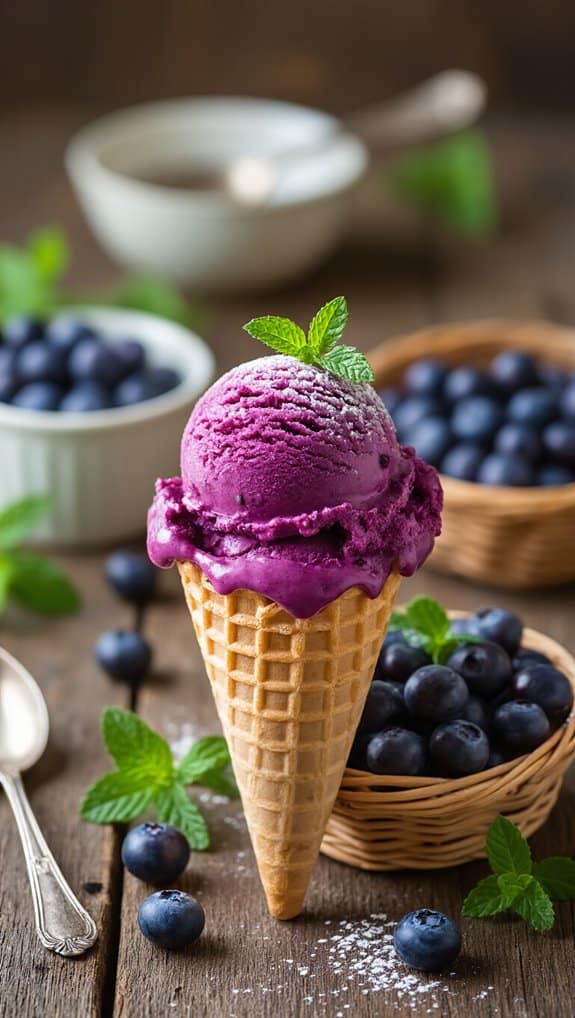Delicious Huckleberry Recipes You’ll Want to Try 4 Fresh blueberry ice cream in a waffle cone with whole blueberries and mint leaves on a rustic wooden table with bowls of blueberries in the background.