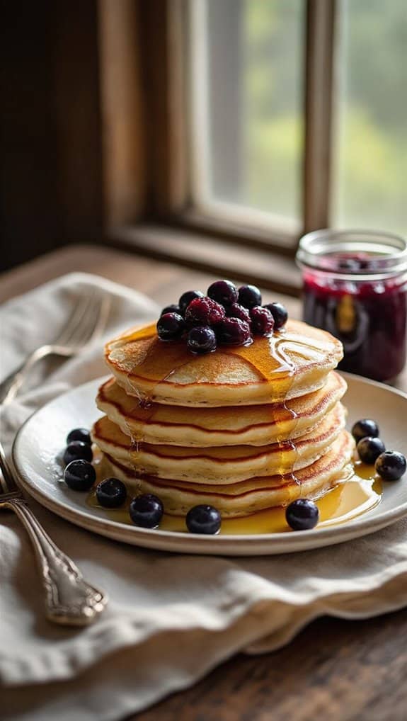 Delicious Huckleberry Recipes You’ll Want to Try 2 Fluffy stack of blueberry pancakes drizzled with honey, topped with fresh blueberries, served on a rustic plate near a window, with a jar of jam in the background.