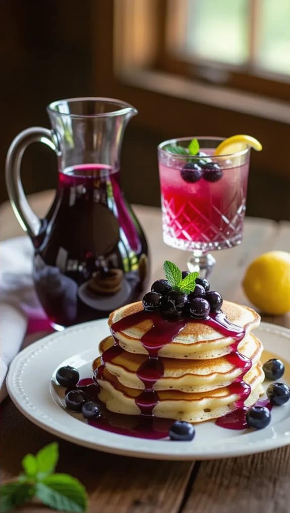 Delicious Huckleberry Recipes You’ll Want to Try 3 Fresh blueberry pancakes topped with syrup and garnished with mint, accompanied by berry-flavored drink and pitcher of juice on a wooden table.