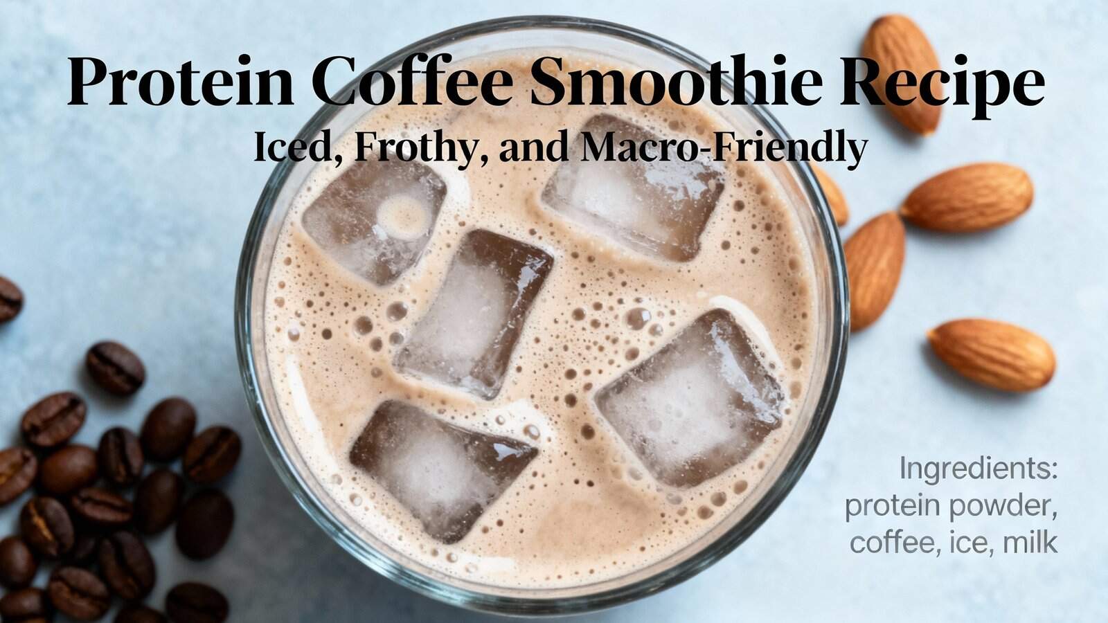 Protein Coffee Smoothie recipe with ice, frothy texture, easy to make, healthy, and macro-friendly, featuring ingredients like protein powder, coffee, ice, and milk. Ideal for fitness and nutrition enthusiasts.