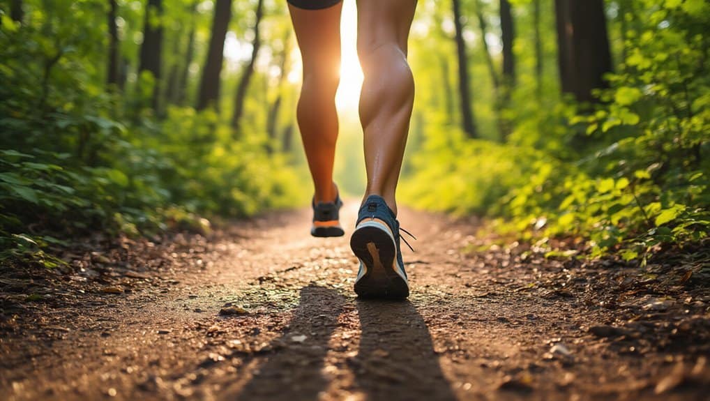 Running on a forest trail during sunrise, showcasing athletic shoes and toned legs, promoting outdoor fitness and healthy lifestyle.