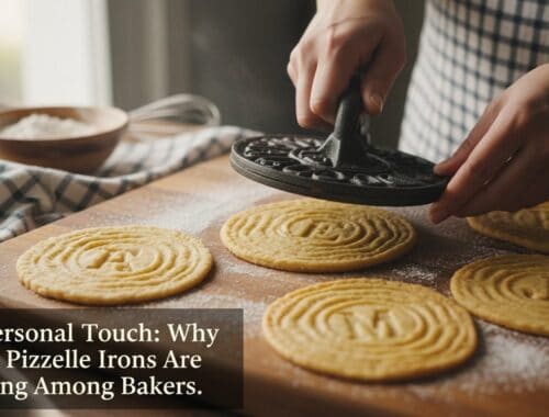 Delicious homemade pizzelle cookies being prepared with an iron on a wooden board for healthy snacking and dessert options.