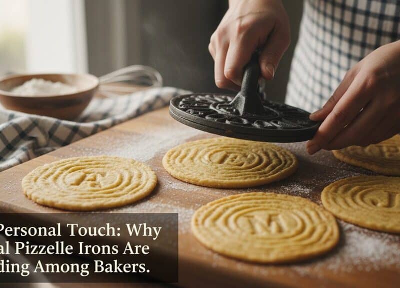 Delicious homemade pizzelle cookies being prepared with an iron on a wooden board for healthy snacking and dessert options.