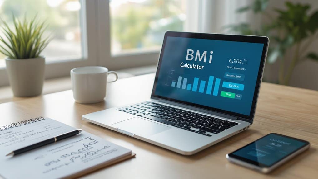 BMI calculator on laptop screen for health and fitness tracking, digital health tools, weight management, fitness technology, wellness, online health resources, fitness tracking device, health monitoring at home, digital health solutions, personalized fitness plans.