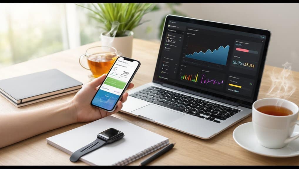 Stay motivated and manage your fitness goals with advanced apps and devices showing real-time progress on smartphones and laptops.