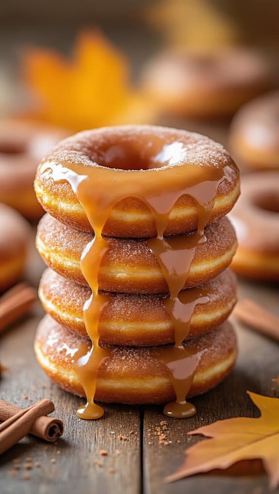 Sweet glazed donuts stacked on a rustic wooden surface with cinnamon sticks and autumn leaves in the background. Perfect for a cozy fall treat or indulgent snack.