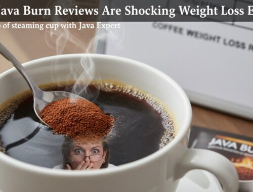 Steaming cup of coffee with Java Burn supplement and an embedded surprised woman reflection, highlighting the effectiveness of Java Burn reviews for weight loss support.