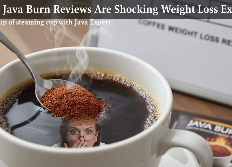 Steaming cup of coffee with Java Burn supplement and an embedded surprised woman reflection, highlighting the effectiveness of Java Burn reviews for weight loss support.