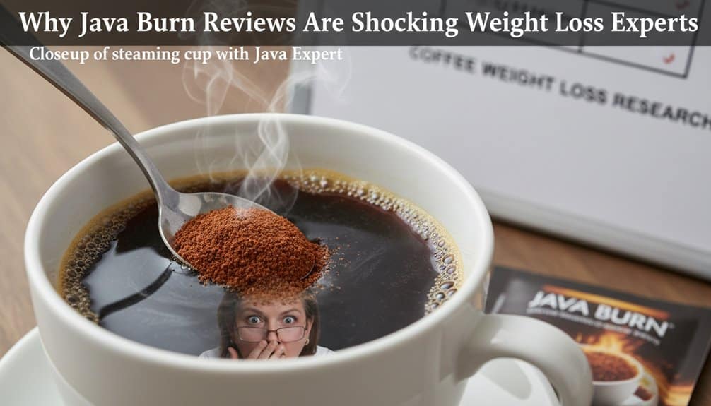 Steaming cup of coffee with Java Burn supplement and an embedded surprised woman reflection, highlighting the effectiveness of Java Burn reviews for weight loss support.