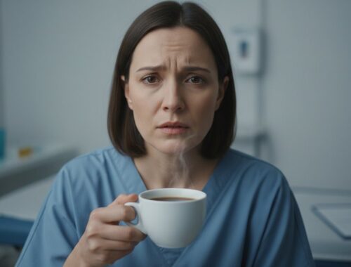 An exhausted nurse in scrubs holds a steaming cup of coffee, looking fatigued and stressed, in a clinical setting with medical equipment in the background, emphasizing the importance of self-care and energy boosting.