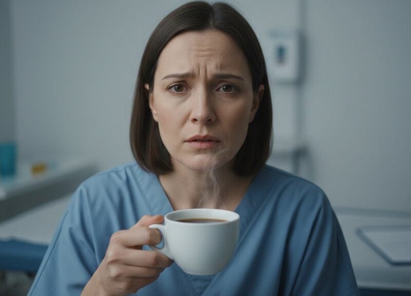 An exhausted nurse in scrubs holds a steaming cup of coffee, looking fatigued and stressed, in a clinical setting with medical equipment in the background, emphasizing the importance of self-care and energy boosting.