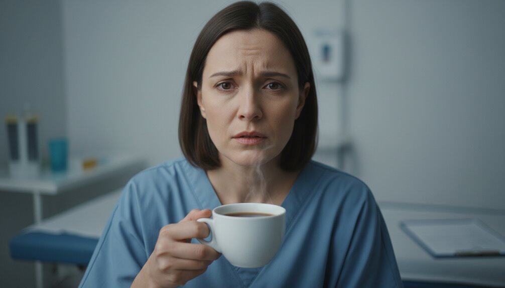 An exhausted nurse in scrubs holds a steaming cup of coffee, looking fatigued and stressed, in a clinical setting with medical equipment in the background, emphasizing the importance of self-care and energy boosting.