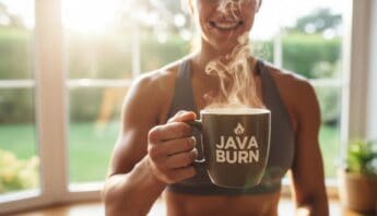 Alt: Woman holding a steaming coffee mug with JavaBurn logo, symbolizing natural metabolism boost and weight management support.