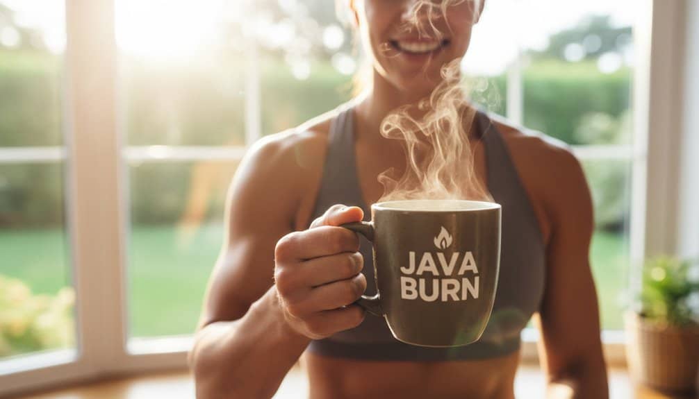 Alt: Woman holding a steaming coffee mug with JavaBurn logo, symbolizing natural metabolism boost and weight management support.