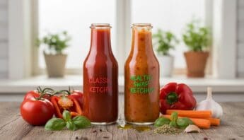 An image showing two bottles of ketchup—one classic and one healthy swap—placed among fresh tomatoes, bell peppers, garlic, and carrots on a wooden surface, promoting healthier eating habits.