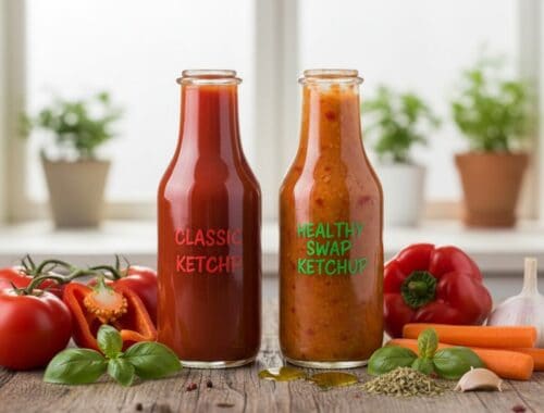 An image showing two bottles of ketchup—one classic and one healthy swap—placed among fresh tomatoes, bell peppers, garlic, and carrots on a wooden surface, promoting healthier eating habits.