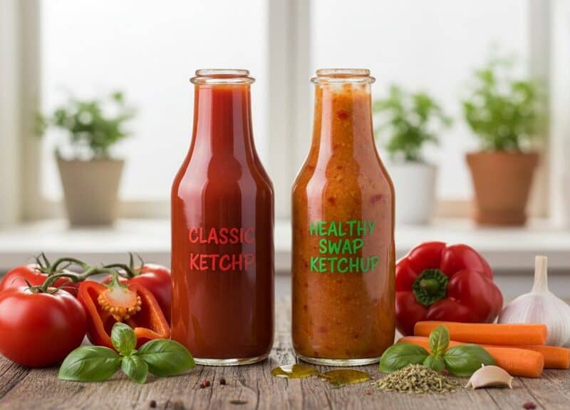 An image showing two bottles of ketchup—one classic and one healthy swap—placed among fresh tomatoes, bell peppers, garlic, and carrots on a wooden surface, promoting healthier eating habits.