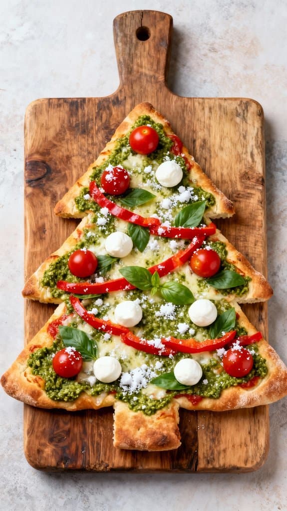 Christmas Pizza Ideas Festive Toppings the Whole Family Will Devour 2 Cheesy Christmas tree pizza decorated with fresh basil, cherry tomatoes, mozzarella, and red peppers, served on a rustic wooden board for a festive meal.