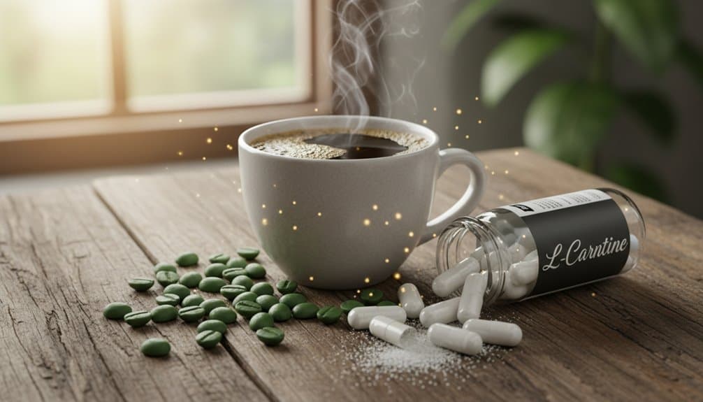 A steaming cup of coffee alongside L-Carnitine supplements and green pills on a rustic wooden table, promoting health, fitness, and wellness.