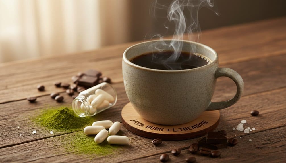 Steam rising from a fresh cup of coffee, surrounded by supplements, herbs, and chocolates on a wooden table. Perfect for health and fitness enthusiasts seeking natural ways to boost focus and energy.