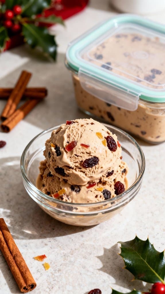 Delicious homemade ice cream mixed with dried fruit, perfect for holiday celebrations.