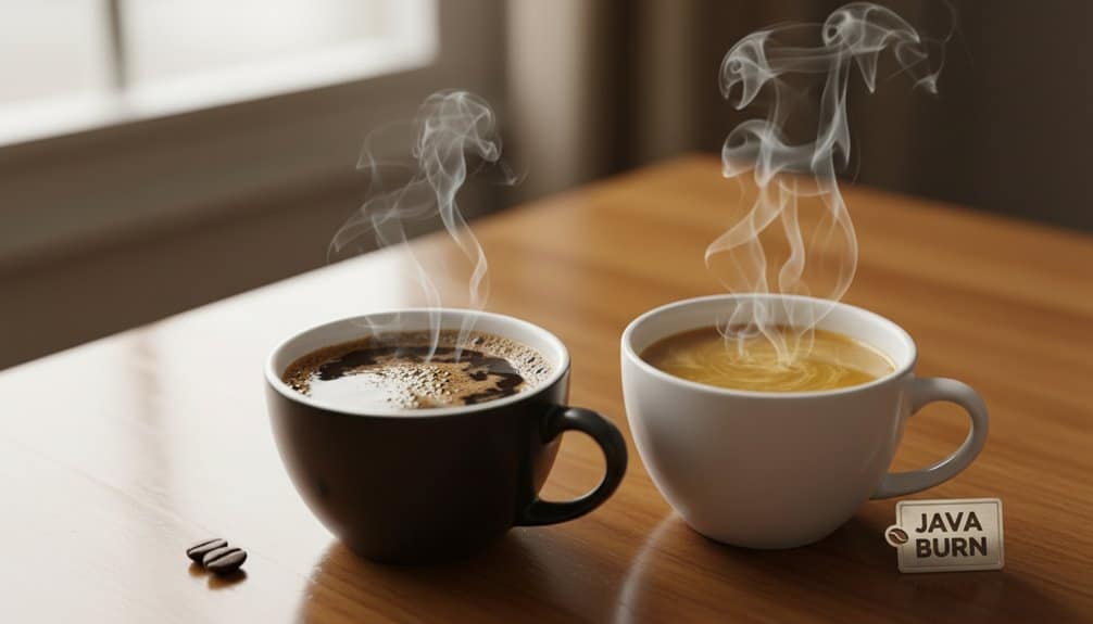Rich coffee steaming in black and white cups, perfect for a morning boost or health-focused lifestyle, on a warm wooden table.