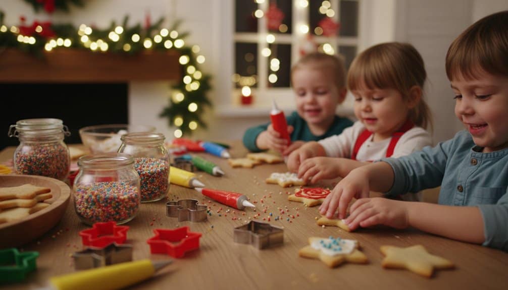 Kids decorating cookies, holiday baking, Christmas cookies, family fun, festive activities, joyful kids during holiday season, baking with children, holiday cheer, homemade cookies.