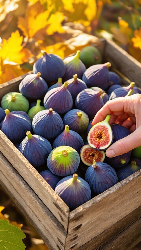 Delicious Fall Season Fruits You Must Try This Year 4 Sweet fresh figs in a wooden crate, ripe and ready to eat, with a person holding a halved fig showing the juicy interior, surrounded by autumn leaves.
