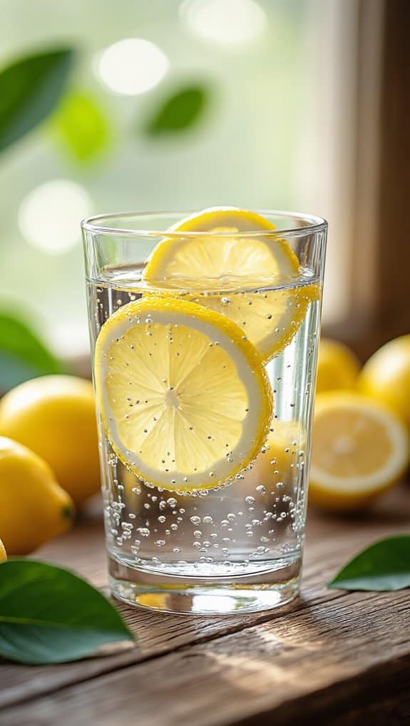 Sugar-free lemon infused sparkling water in a glass with fresh lemons around it, healthy hydration beverage, detox water for fitness enthusiasts.
