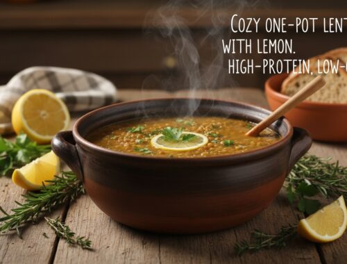 A steaming bowl of lentil soup garnished with lemon slices and fresh herbs, served in a rustic bowl on a wooden table.