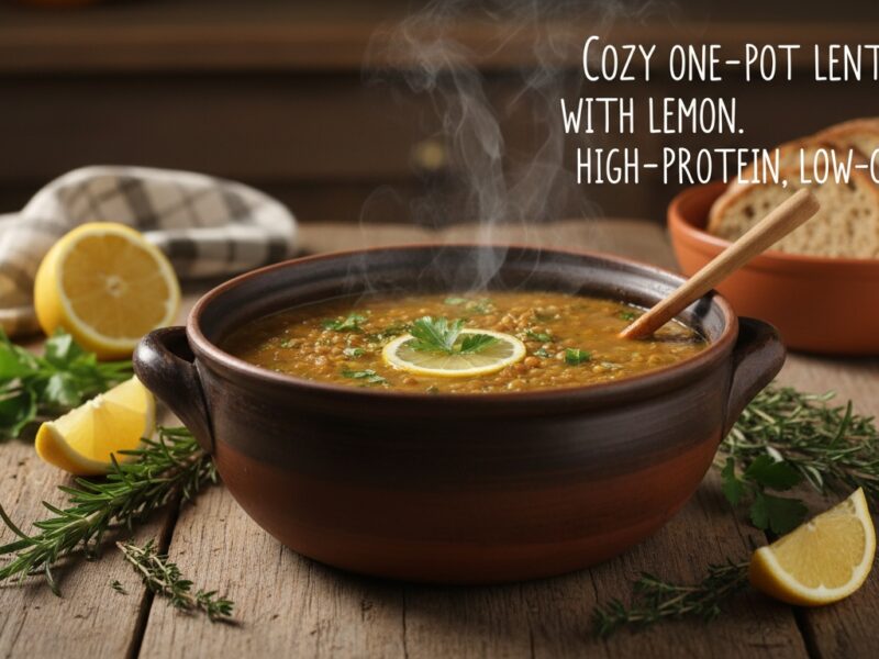 A steaming bowl of lentil soup garnished with lemon slices and fresh herbs, served in a rustic bowl on a wooden table.