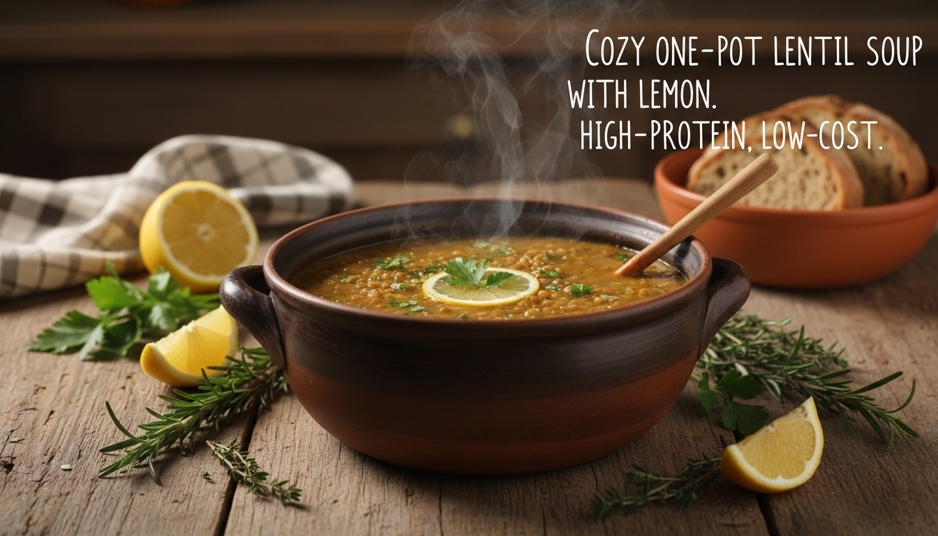 A steaming bowl of lentil soup garnished with lemon slices and fresh herbs, served in a rustic bowl on a wooden table.
