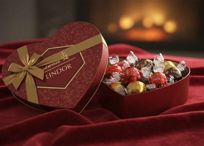 Luxurious heart-shaped Lindor chocolate box resting on red velvet fabric, filled with assorted wrapped Lindor chocolates, ideal for Valentine's Day, romantic surprises, or special celebrations.