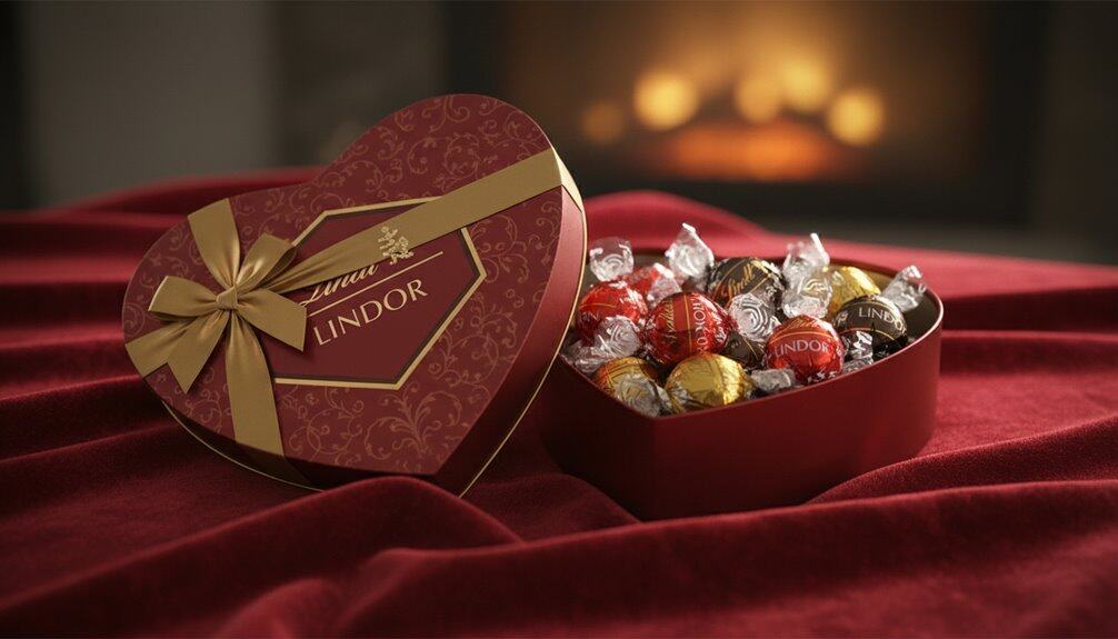 Luxurious heart-shaped Lindor chocolate box resting on red velvet fabric, filled with assorted wrapped Lindor chocolates, ideal for Valentine's Day, romantic surprises, or special celebrations.