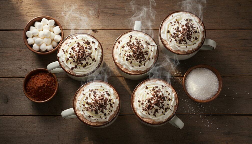 Steaming cups of hot chocolate topped with whipped cream and chocolate shavings, surrounded by bowls of marshmallows, cocoa powder, and sugar on a rustic wooden table.