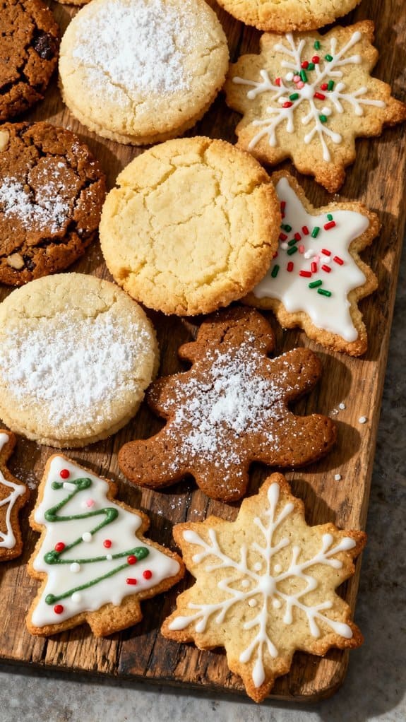 Delicious holiday cookies including snowflake and Christmas tree shapes, decorated with white icing, sprinkles, and dusted with powdered sugar, laid on a rustic wooden platter.
