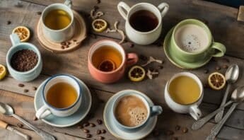 5 Healthy Low-Calorie Coffee Alternatives for Weight Loss 10 Rich assortment of herbal teas and coffee cups on rustic wooden table, surrounded by lemon slices, coffee beans, and tea infusers, showcasing healthy beverage options.