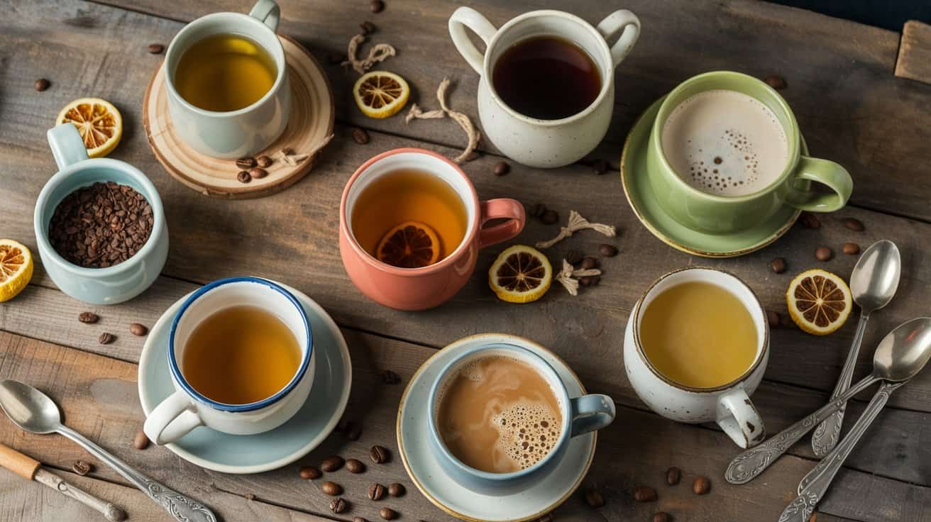 Rich assortment of herbal teas and coffee cups on rustic wooden table, surrounded by lemon slices, coffee beans, and tea infusers, showcasing healthy beverage options.