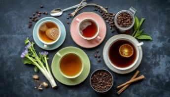 Top Low-Calorie Coffee Alternatives for Energy 12 Hot tea with lemon and herbs arranged on colorful cups and saucers, surrounded by coffee beans, cinnamon sticks, and fresh greenery, on a dark textured surface.