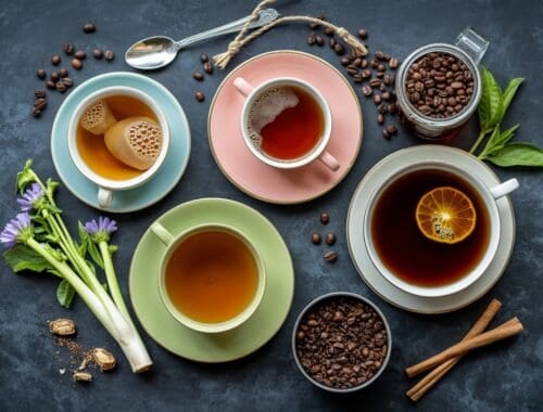 Hot tea with lemon and herbs arranged on colorful cups and saucers, surrounded by coffee beans, cinnamon sticks, and fresh greenery, on a dark textured surface.
