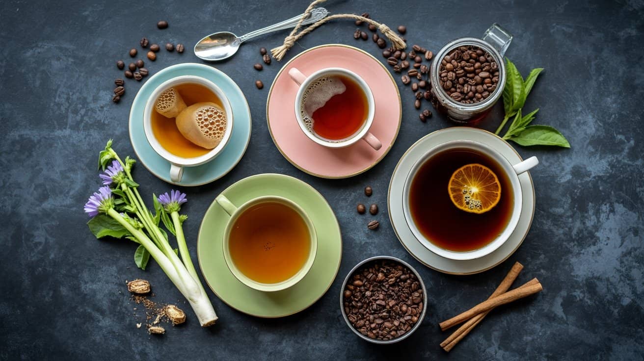 Hot tea with lemon and herbs arranged on colorful cups and saucers, surrounded by coffee beans, cinnamon sticks, and fresh greenery, on a dark textured surface.
