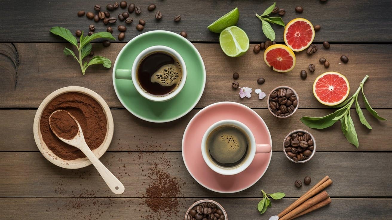 Coffee and tea health drinks with fresh citrus and herbs on rustic wooden table, healthy beverage ideas for fitness and wellness.