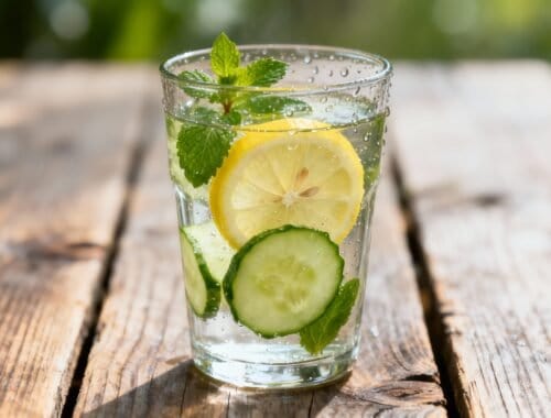 Fresh infused water with lemon, cucumber, and mint served in a clear glass on a rustic wooden table for healthy hydration and wellness.
