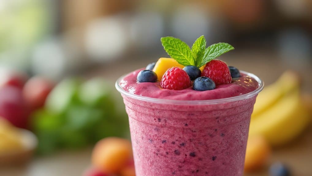 Fresh berry smoothie with blueberries, raspberries, a slice of mango, and a mint leaf on top, served in a clear glass. Bright, healthy, and appealing for a nutritious start to the day.