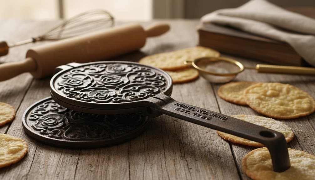 Non-stick waffle iron used for making crispy waffles at home. Surrounded by cookies, a rolling pin, and baking tools on a rustic wooden surface. Perfect for breakfast or brunch recipes.