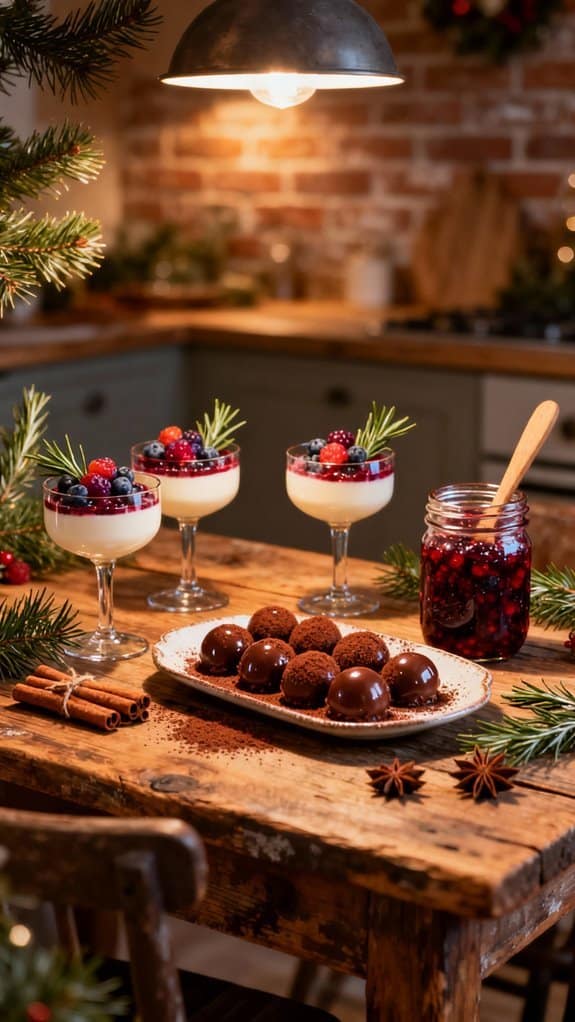 Easy Xmas Lunch Ideas for Stress-Free Hosting 2 Delicious holiday desserts, including berry parfaits and chocolate truffles, displayed on a rustic wooden table surrounded by pine branches and spices for a healthy festive season.