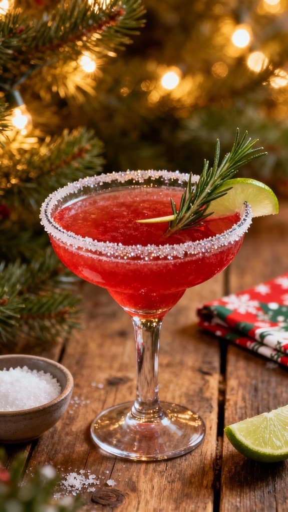 Festive Christmas Margarita You’Ll Make on Repeat 2 A vibrant red holiday cocktail garnished with a sprig of rosemary and a lime wedge, rimmed with sugar, set against a cozy Christmas scene with warm lights and pine branches.
