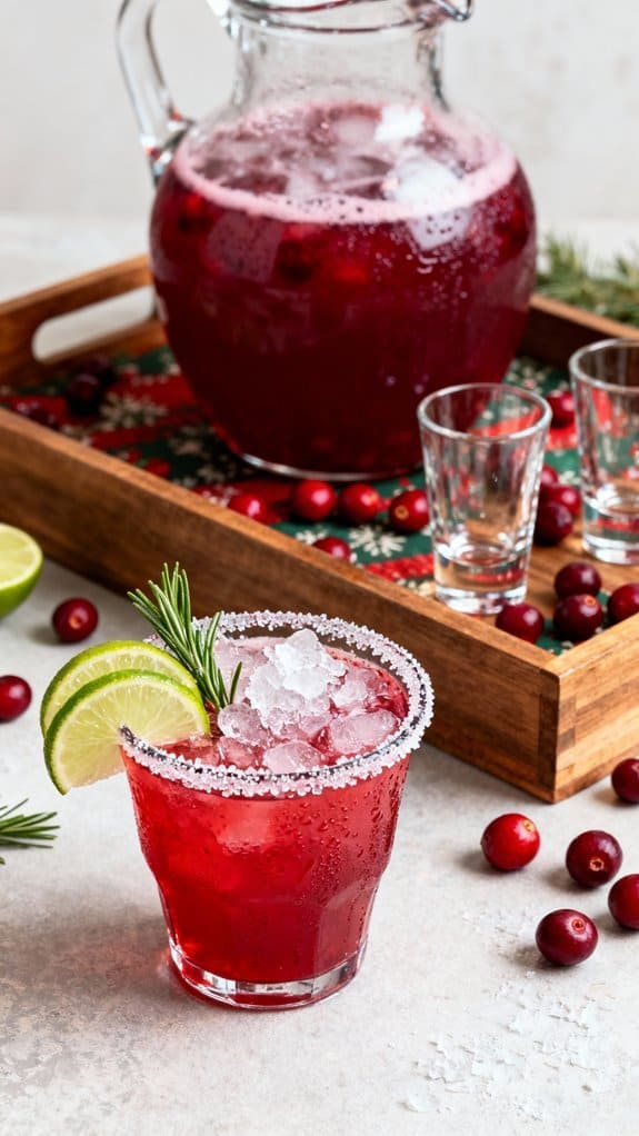 Vibrant cranberry lime cocktail garnished with lime slices and rosemary, featuring a salted rim, ice, and fresh cranberries, served in a stylish glass for a festive holiday drink.